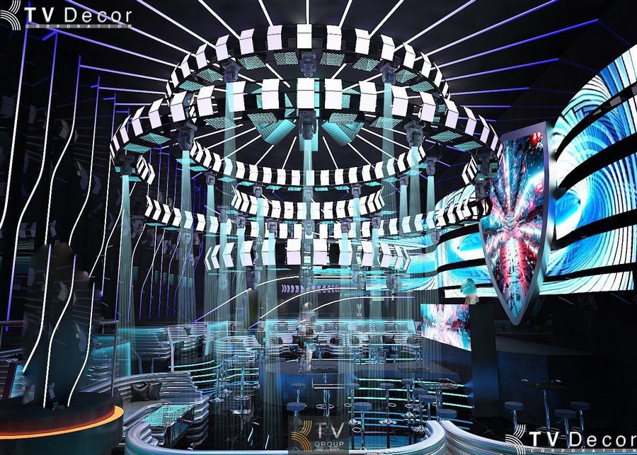 Thiết kế Bar Club Futuristic Cyberpunk với sân khấu DJ và màn hình LED 360 độ 
