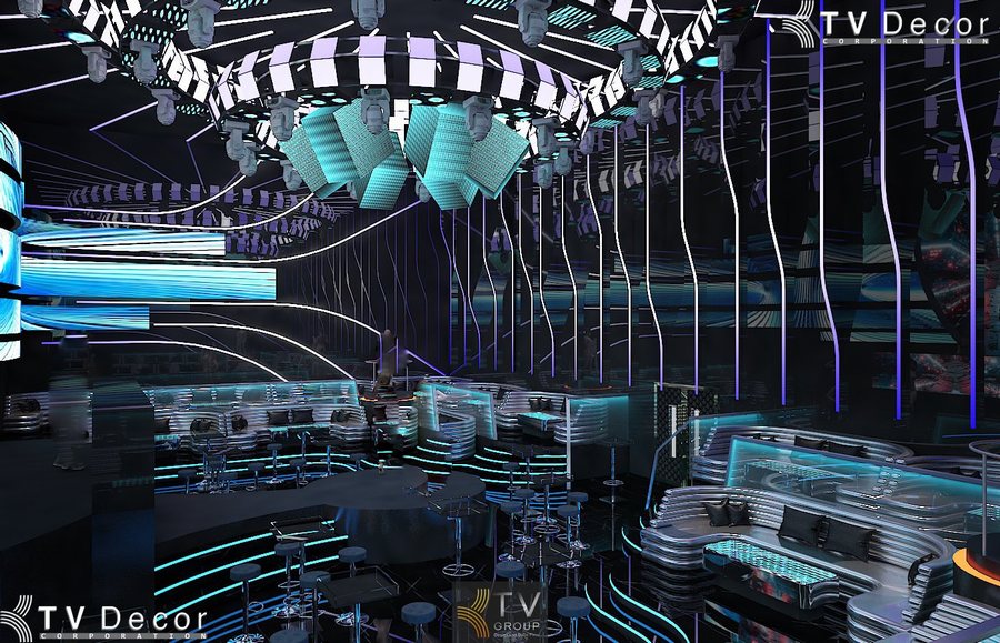 Thiết kế Bar Club công nghệ cao với trần LED vòng tròn nghệ thuật 