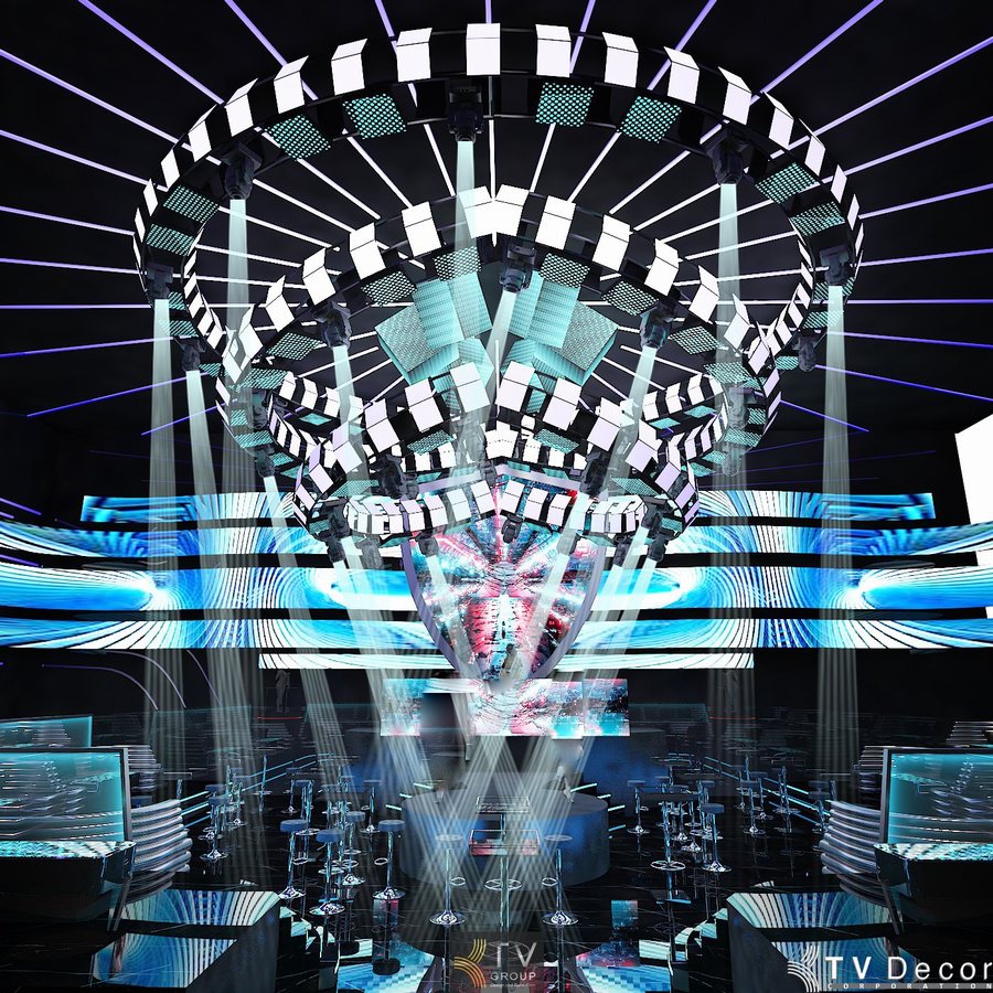 Không gian Bar Club Futuristic sử dụng màn hình LED khổ lớn và hiệu ứng ánh sáng 