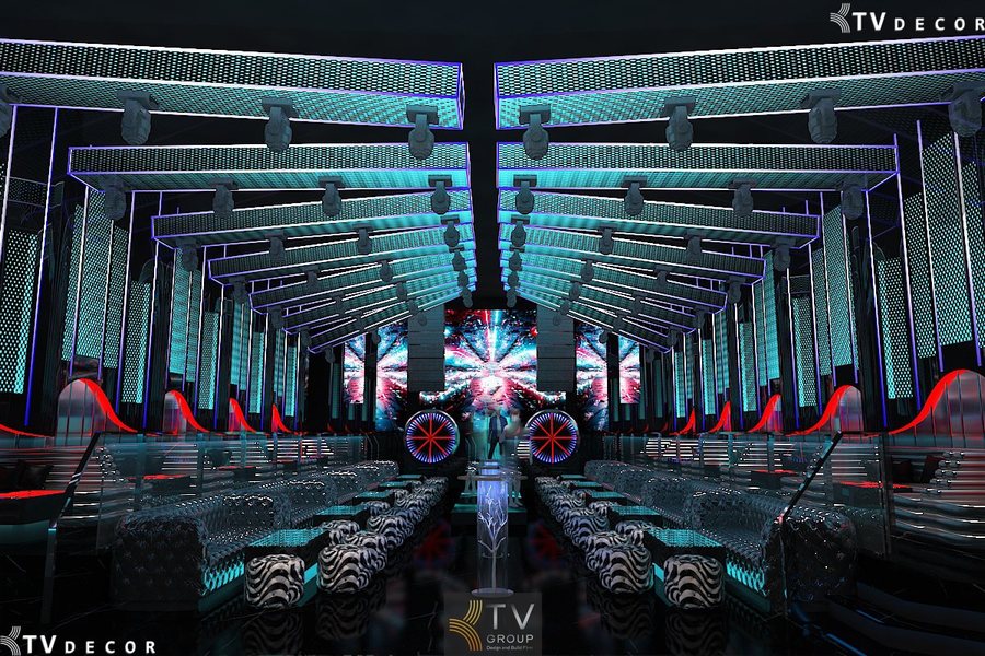 Thiết kế Lounge Bar 1000m² Biên Hòa phong cách Futuristic hiện đại với sân khấu DJ trung tâm. 