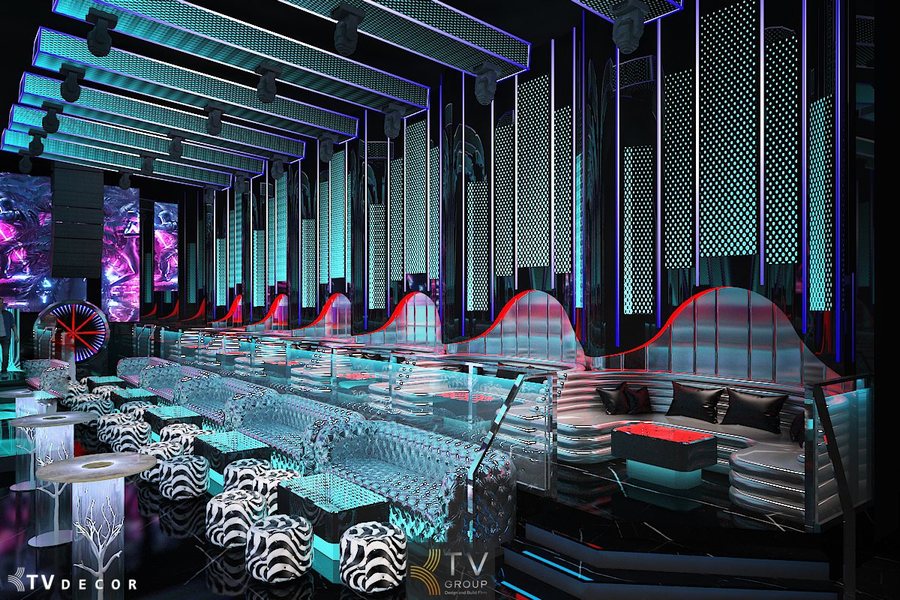 Nội thất Lounge Bar cao cấp với sofa VIP và thiết kế ánh sáng nghệ thuật.