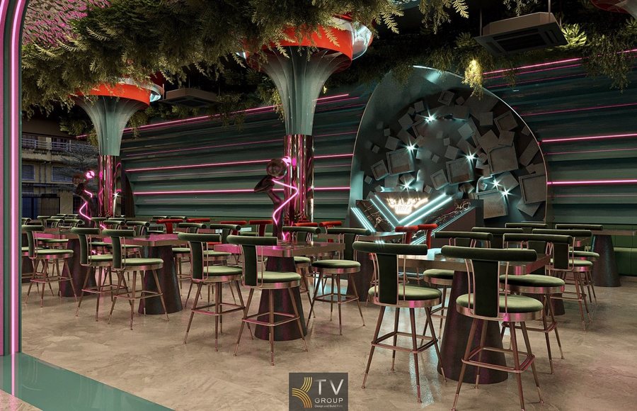 Trần cây xanh kết hợp ánh sáng tạo không gian thư giãn  Thiết kế tường 3D nghệ thuật với ánh sáng xuyên khe  Bố trí nội thất kim loại và nệm sang trọng phong cách lounge 