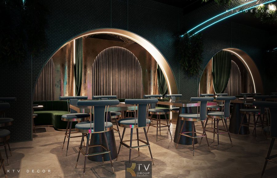 Không gian nhà hàng lounge beer garden hiện đại với vòm kim loại sang trọng  Thiết kế vòm ánh champagne kết hợp rèm nhung tối ấn tượng  Ghế bar bọc da phối khung kim loại trong không gian lounge  Bàn trụ kim loại phong cách công nghiệp sang trọng 