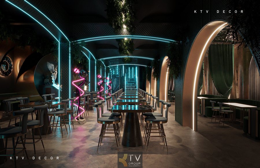Không gian nhà hàng lounge beer garden hiện đại với ánh sáng neon xanh  Hệ vòm kim loại champagne tạo chiều sâu và nhận diện thiết kế riêng  Tượng nghệ thuật neon hồng nổi bật trong không gian lounge 