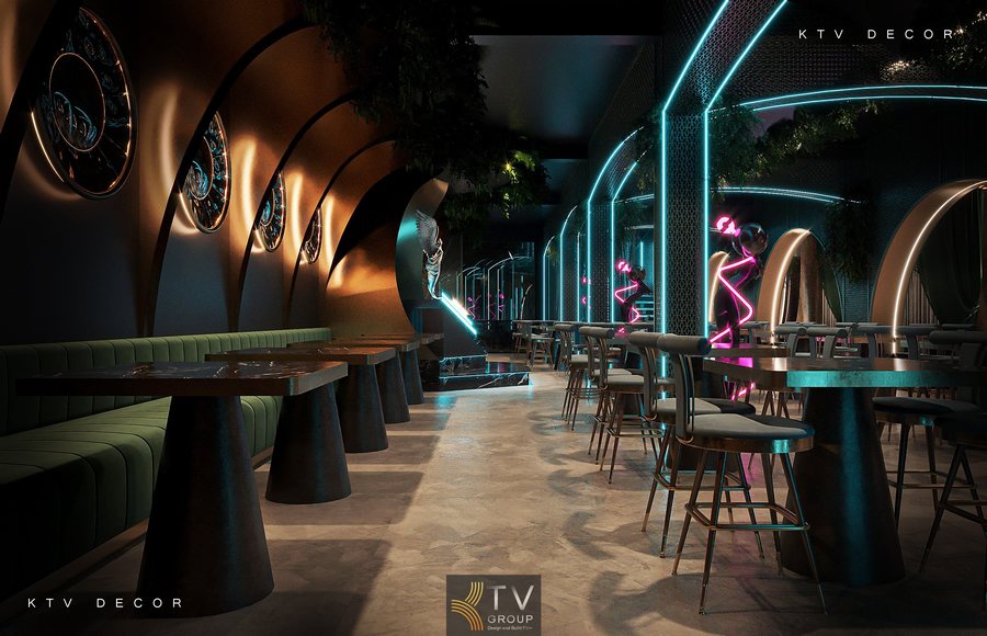 Bố trí bàn cao và ghế bar bọc da sang trọng  Ánh sáng LED line xanh chạy viền trần và tường  Mảng xanh treo trần tạo sự cân bằng tự nhiên 