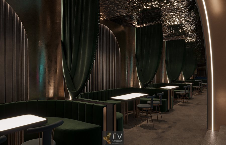 Thiết kế nội thất kim loại – nhung – gương phong cách nightlife  Không gian Beer Garden trong nhà kết hợp ánh sáng đa lớp  Đường dẫn ánh sáng neon hồng tạo điểm nhấn nghệ thuật  Hệ vòm đôi liên tiếp kết hợp đèn LED định hình không gian 