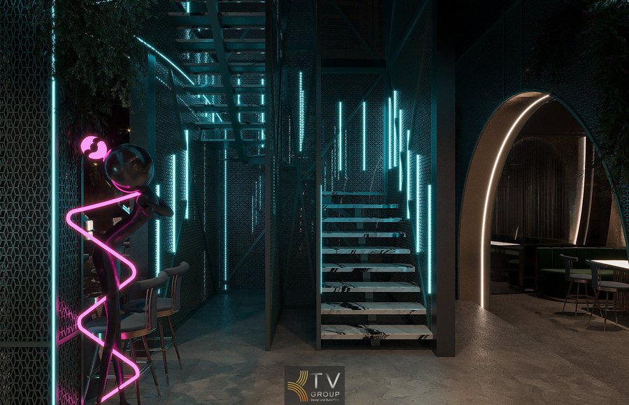 Khu ngồi trung tâm với bàn trụ kim loại hiện đại  Ánh sáng tube và line LED tạo hiệu ứng chuyển động thị giác  Không gian lounge sang trọng với màu tối và ánh kim 