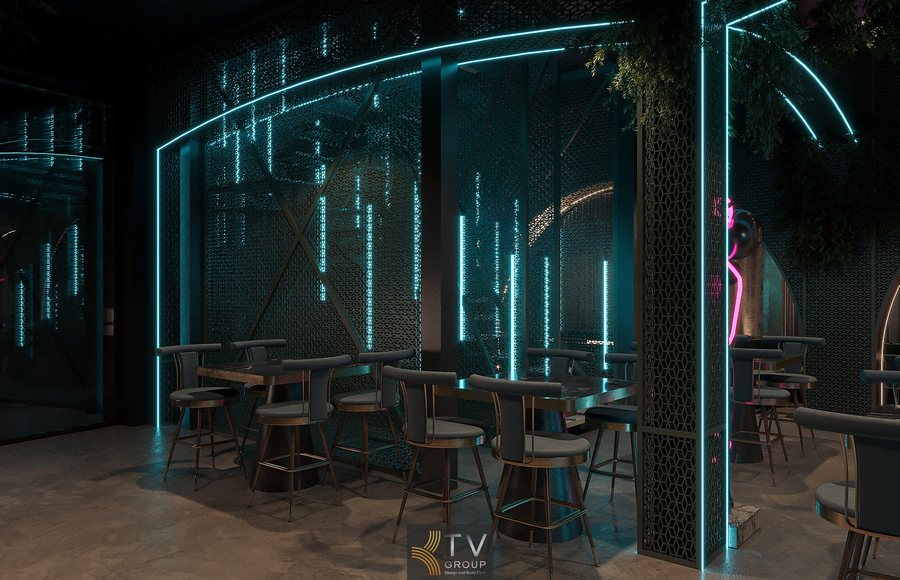 Không gian lounge sang trọng với màu tối và ánh kim  Phối hợp ánh sáng xanh – hồng tạo mood trẻ trung và cuốn hút 