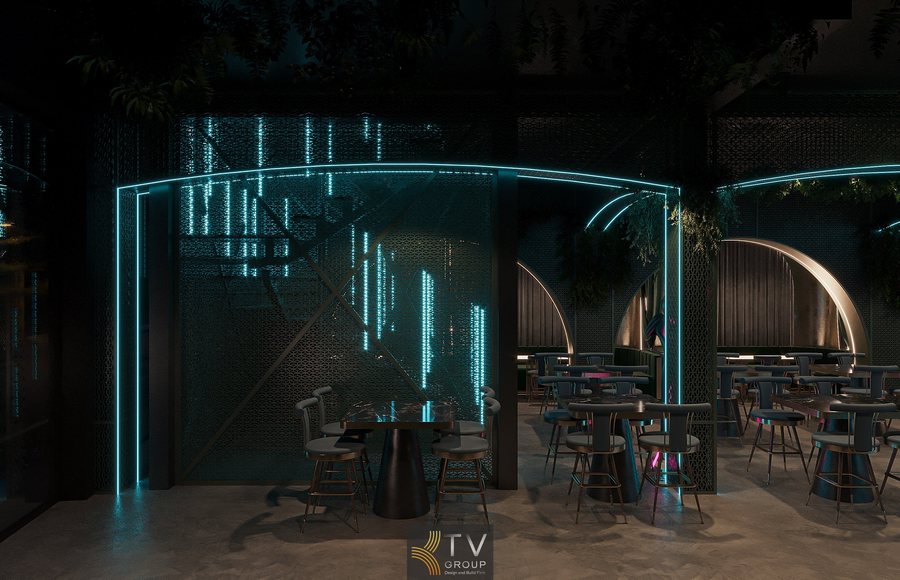 Ánh sáng neon xanh chạy dọc trần tạo mood chill  Không gian Beer Garden trong nhà kết hợp ánh sáng nhiều lớp  Ghế bar cao cấp màu xanh đậm cùng chi tiết ánh kim 