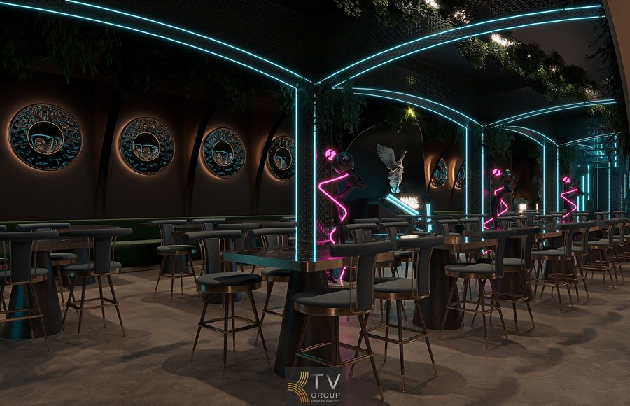  Khu ngồi nhóm với bàn cao và ghế bar hiện đại  Thiết kế thi công nhà hàng lounge mang hơi hướng nightlife  Rèm nhung tạo điểm nhấn mềm mại giữa chất liệu kim loại 