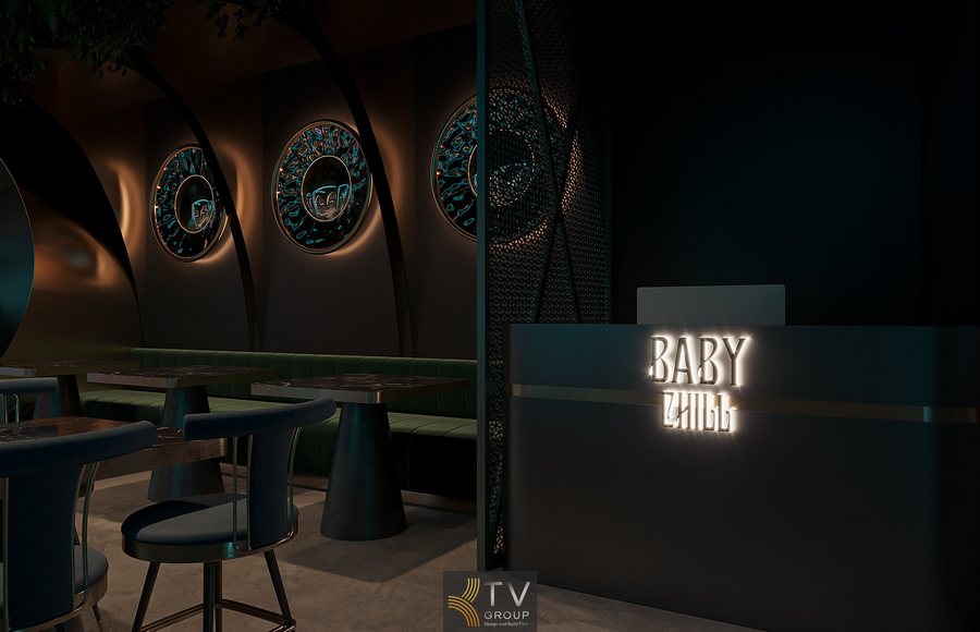 Thiết kế vòm ánh champagne kết hợp rèm nhung tối ấn tượng  Ghế bar bọc da phối khung kim loại trong không gian lounge 