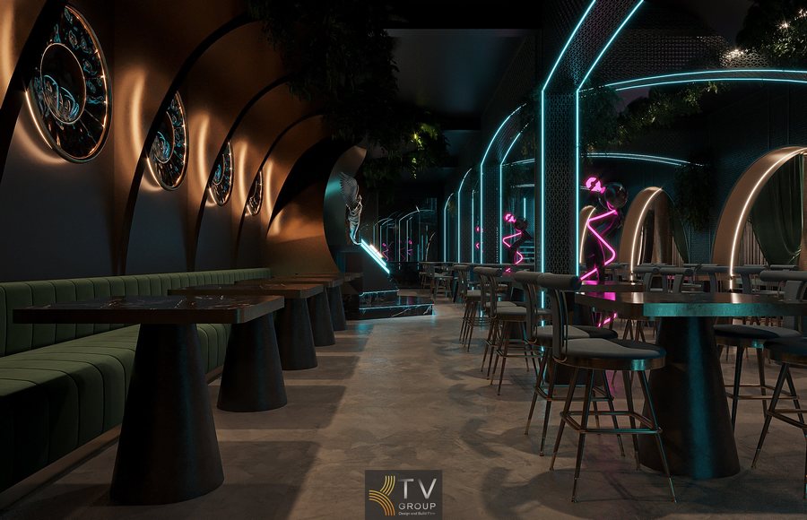 Không gian nhà hàng lounge beer garden ánh sáng neon xanh hồng  Tường gương lõm trang trí kết hợp ánh sáng tạo điểm nhấn  Tượng nghệ thuật neon hồng nổi bật trong không gian hiện đại 