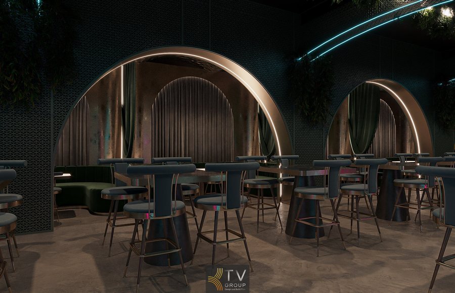 Ghế bar bọc da khung kim loại sang trọng phong cách lounge  Bàn trụ kim loại đen hiện đại trong nhà hàng  Hệ vòm champagne kết hợp LED line tạo chiều sâu 