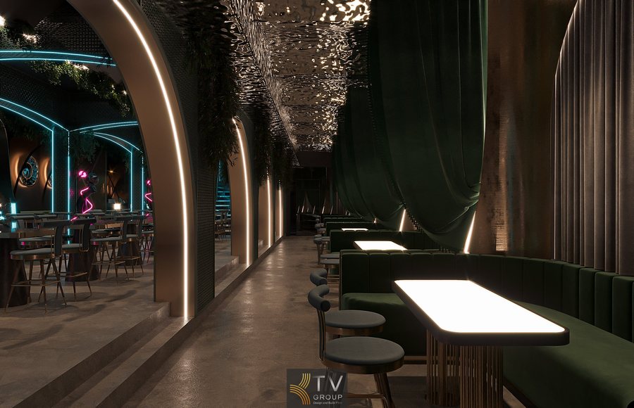 Tường kim loại đục lỗ phong cách công nghiệp sang trọng  Không gian Beer Garden trong nhà kết hợp ánh sáng đa lớp  Thiết kế nội thất lounge với vật liệu kim loại – nhung – gương 