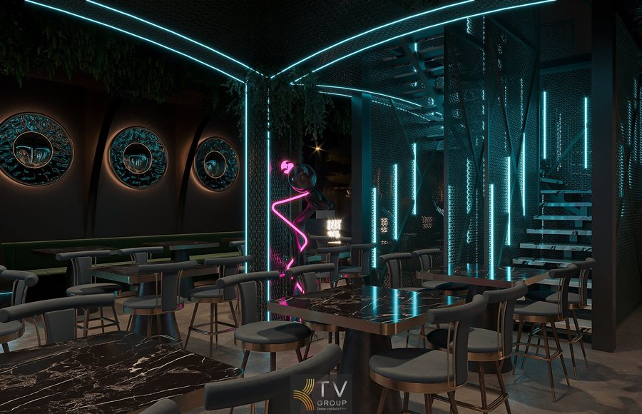 Đường dẫn ánh sáng LED tạo không gian nightlife cuốn hút  Bố trí bàn ghế tối ưu lối đi và tầm nhìn trung tâm  Phối hợp ánh sáng xanh – hồng và các khối vòm kiến trúc đặc trưng 