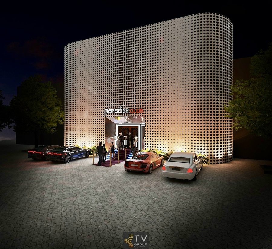 Mẫu thiết kế Bar Vũ Trường Futuristic nổi bật với trần ánh sáng nghệ thuật và không gian mở. 