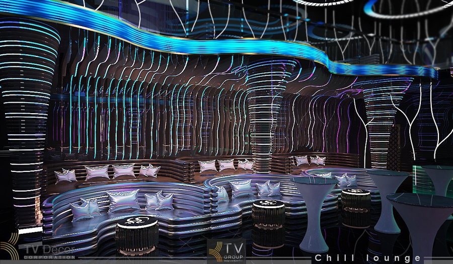 Thiết kế sân khấu DJ Lounge Bar kết hợp màn hình LED chủ đề không gian vũ trụ. 