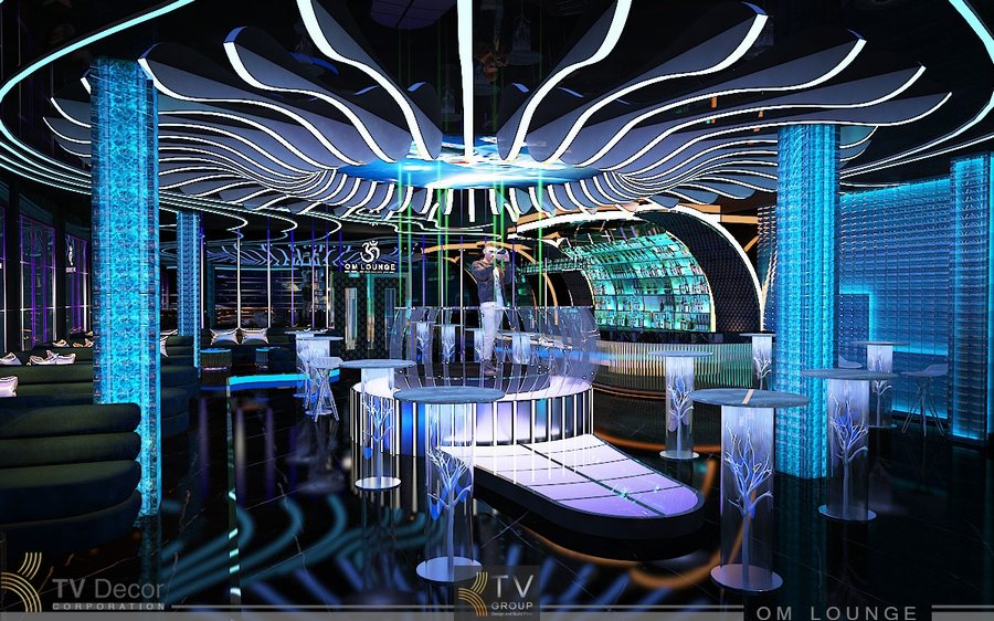Nội thất quán Lounge cao cấp với quầy bar trung tâm và cột LED nghệ thuật. 