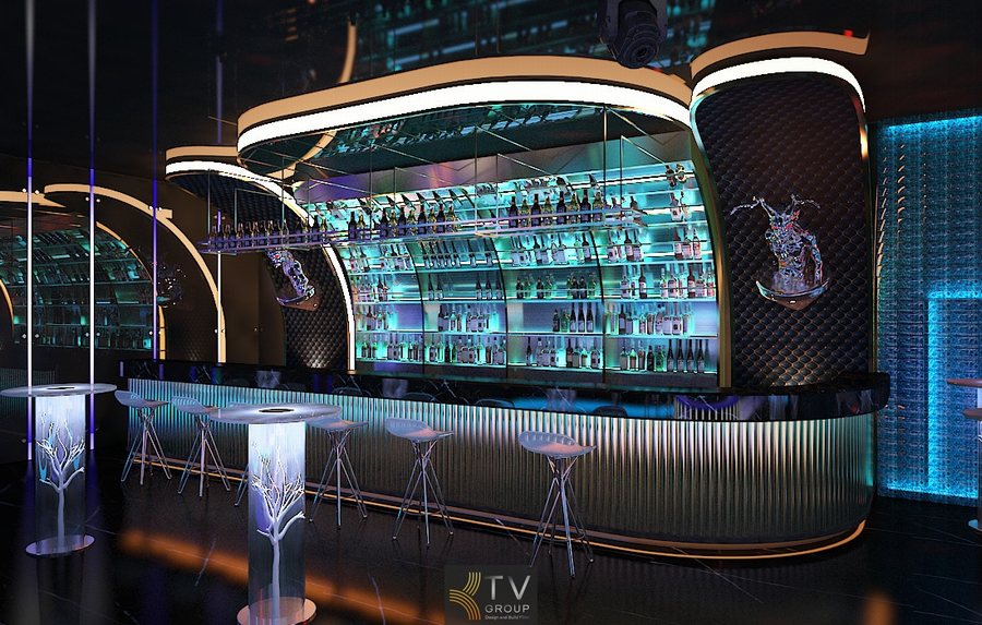 Quầy bar trung tâm hiện đại tối ưu vận hành và phục vụ khách VIP. 