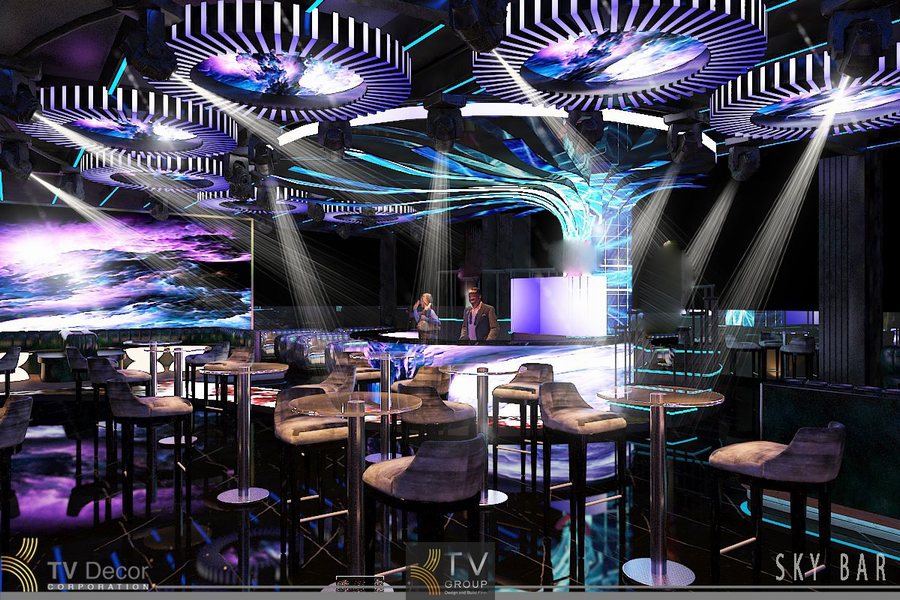 Thiết kế Sky Bar phong cách Futuristic với quầy bar LED nghệ thuật hiện đại. 