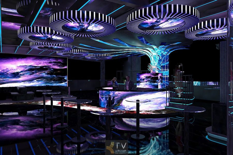 Mẫu Sky Bar hiện đại kết hợp trần LED hình học độc đáo. 