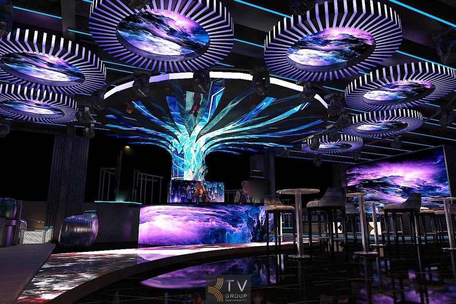 Quầy bar trung tâm thiết kế LED Mapping tạo điểm nhấn thị giác mạnh. 