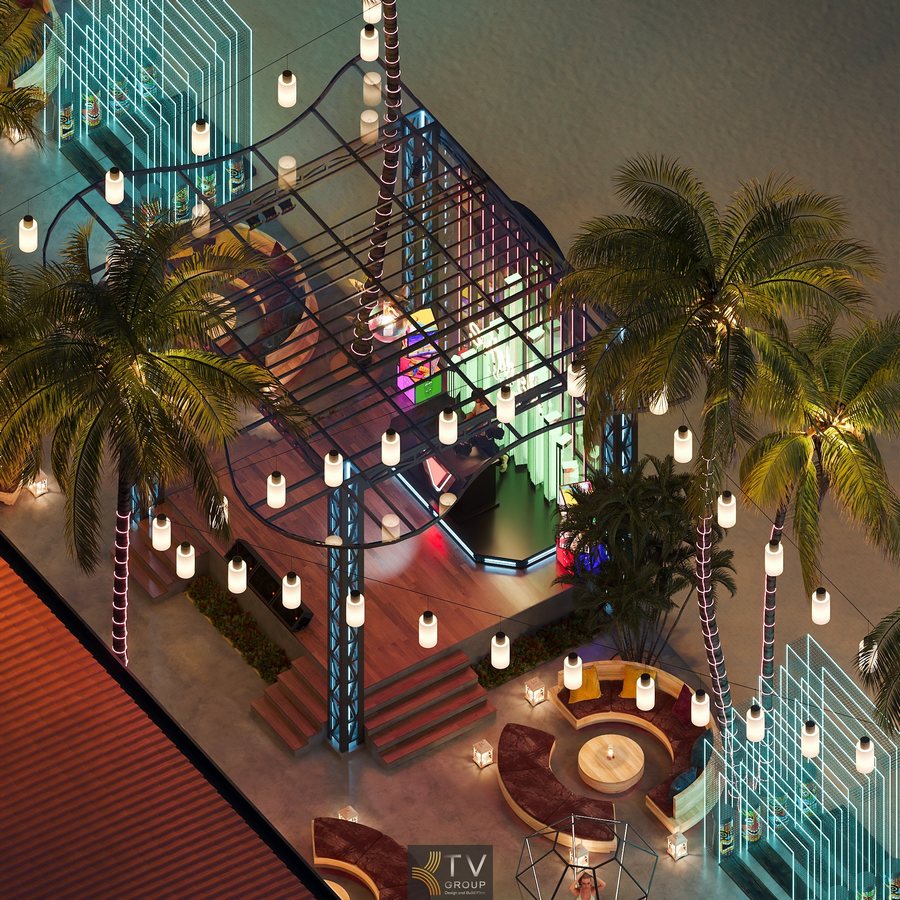 Cảnh quan Beach Club kết hợp cây dừa và đèn trang trí nhiệt đới. 66