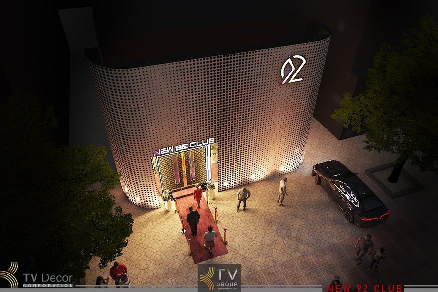 Mẫu thi công Bar Club sử dụng facade lưới ánh sáng tạo điểm nhấn mạnh, thu hút khách từ xa và nâng cao nhận diện thương hiệu 92 Club.