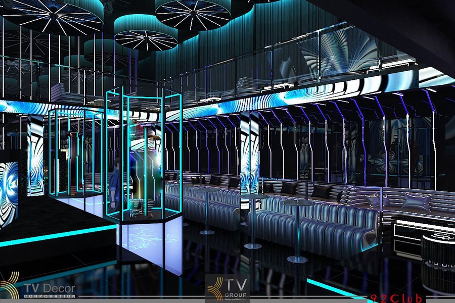 Mẫu thiết kế thi công Bar Club 2 tầng phong cách hiện đại, LED Matrix, sàn kính, lồng trình diễn, bố trí VIP bo cong sang trọng – Giải pháp nổi bật giúp tăng nhận diện & doanh thu.