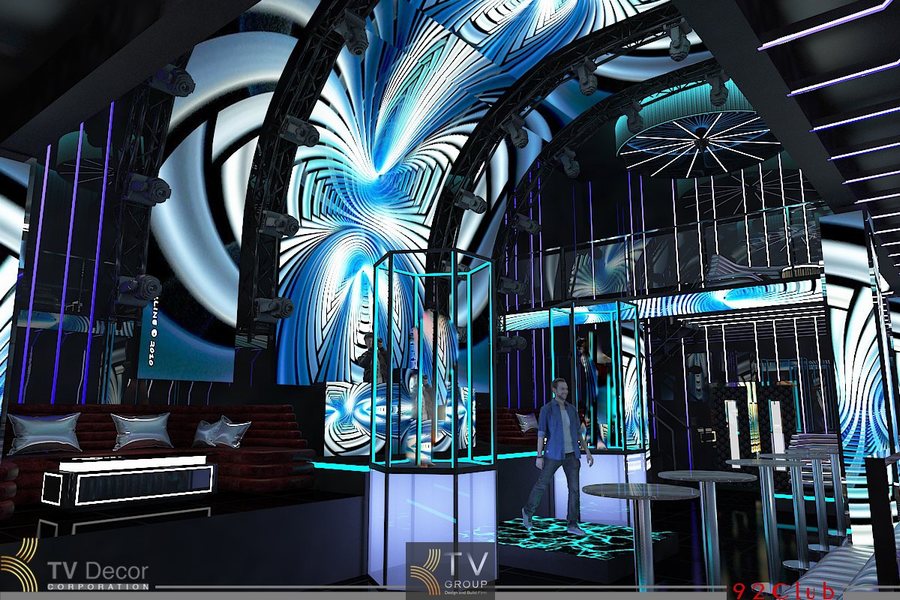 Thiết kế Bar Club 2 tầng hiện đại với LED Matrix và sàn kính tạo hiệu ứng thị giác nổi bật trong không gian giải trí cao cấp.