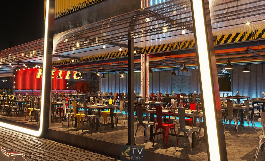 Mặt tiền nhà hàng Beer Food Garden gây ấn tượng với hình khối mạnh mẽ, bảng hiệu sáng rõ, phù hợp mô hình kinh doanh đêm tại TP.HCM.