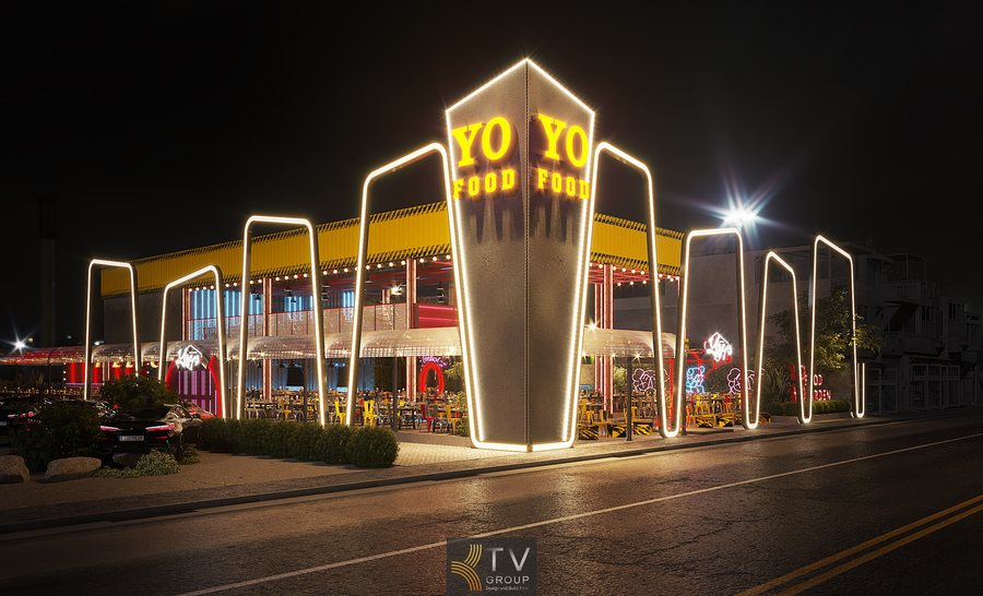 Không gian Beer Food Garden nổi bật với kiến trúc mở, ánh sáng viền ban đêm và phong cách công nghiệp hiện đại, tạo cảm giác thu hút ngay từ mặt tiền.