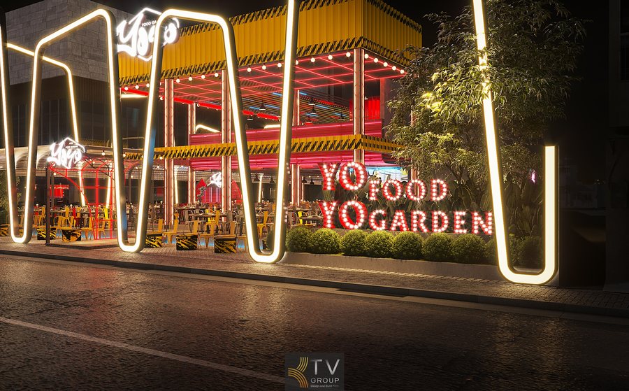 Không gian sân vườn Beer Food Garden kết hợp cảnh quan xanh, tạo cảm giác thư giãn và gần gũi.