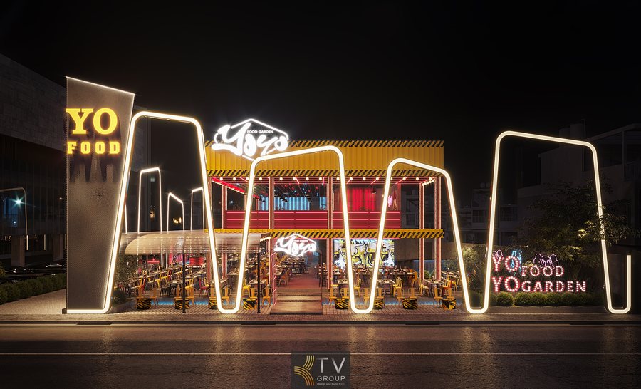 Không gian Beer Food Garden trong hình được thiết kế theo phong cách công nghiệp hiện đại, sử dụng cấu trúc mở kết hợp hệ khung thép lớn và ánh sáng viền nổi bật về đêm. Cách bố trí không gian thoáng giúp khách hàng dễ dàng di chuyển, trò chuyện và tận hưởng ẩm thực trong không khí thư giãn. Thiết kế này phù hợp mô hình nhà hàng bia sân vườn diện tích lớn, vừa tối ưu vận hành vừa tạo điểm nhấn nhận diện thương hiệu mạnh trên trục đường chính tại TP.HCM.
