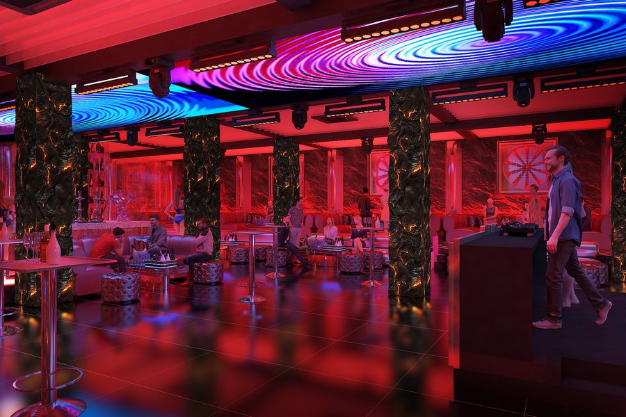 Thiết kế thi công Lounge Bar cao cấp với bố cục mở, nội thất sang trọng, sàn bóng phản chiếu ánh sáng và hệ thống LED đồng bộ theo âm nhạc. 