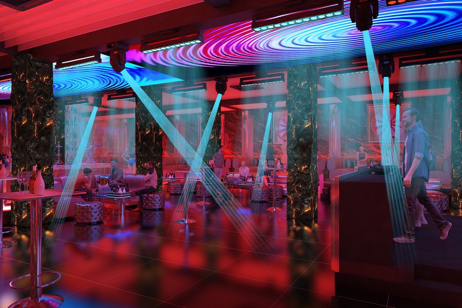 Không gian nội thất Lounge Bar phong cách futuristic kết hợp công nghệ ánh sáng LED và thiết kế sân khấu DJ chuyên nghiệp. 