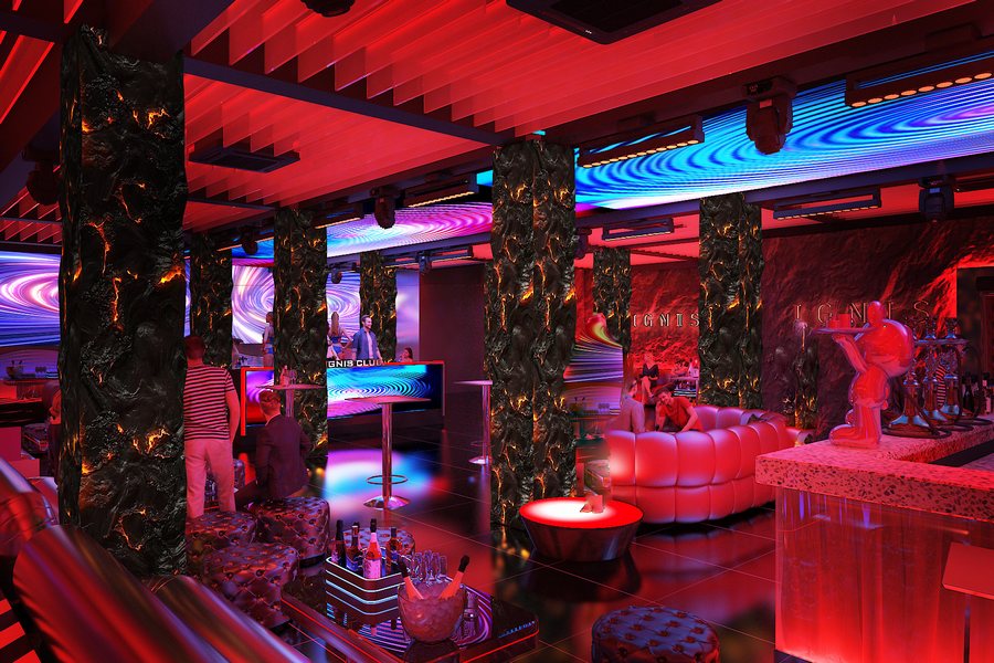 Thi công nội thất Lounge Bar với quầy DJ LED cong, trần chiếu hiệu ứng chuyển động và hệ thống âm thanh bố trí chuẩn kỹ thuật. 