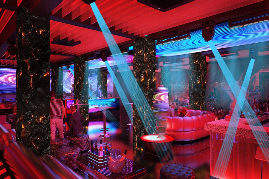 Thiết kế nội thất Lounge Bar sang trọng với khu DJ trung tâm, bàn cocktail cao và sofa lounge bố trí khoa học. 