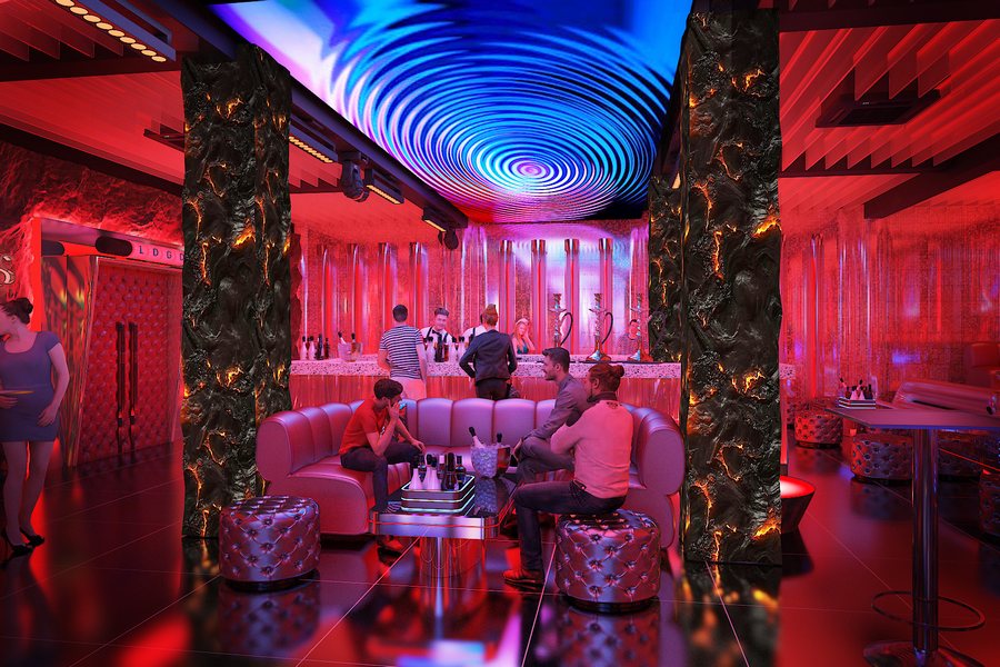 Thiết kế Lounge Bar tại TPHCM với không gian mở hiện đại, sân khấu DJ trung tâm, ánh sáng LED chuyển động theo nhạc, tạo trải nghiệm giải trí cao cấp về đêm. 