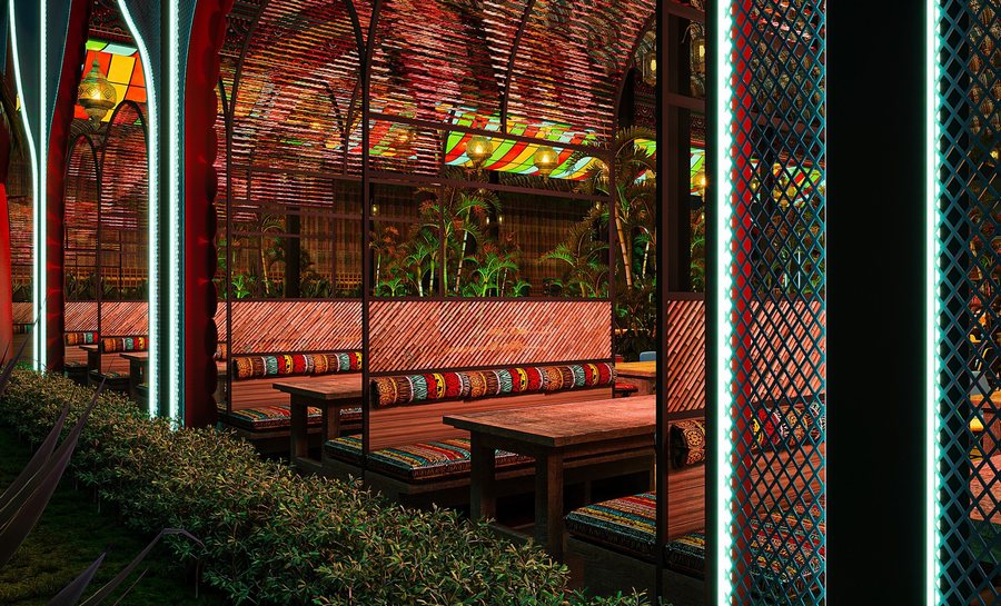 Tổng thể thiết kế thi công nhà hàng Garden phong cách Thái Lan không gian mở, kết hợp kiến trúc bản địa và mô hình Beer Garden hiện đại thu hút khách