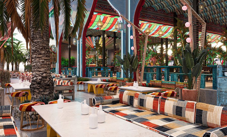 Không gian trung tâm nhà hàng Garden phong cách Thái với trục lối đi lễ hội, bố trí bàn ghế khoa học, tối ưu lưu thông và vận hành