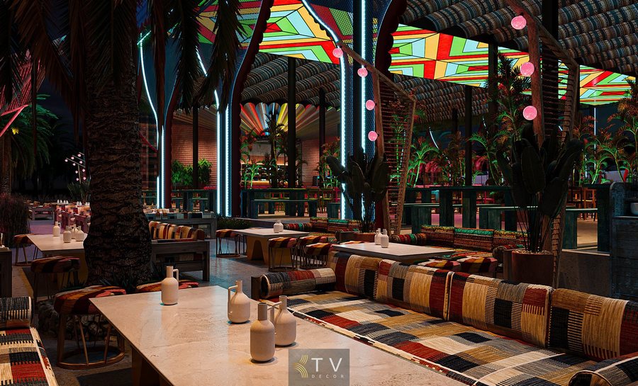 Khu vực bàn dài trong thiết kế nhà hàng Garden phong cách Thái Lan, phù hợp nhóm khách đông, liên hoan, tiệc sinh nhật và sự kiện nhỏ