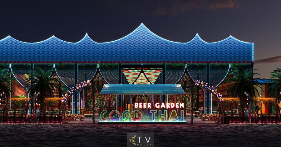 Thiết kế Beer Garden phong cách Thái với không gian mở, bàn ghế linh hoạt, dễ dàng thay đổi layout theo từng mô hình kinh doanh
