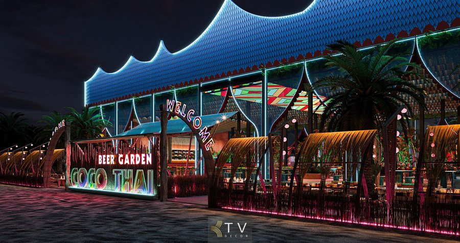 Hệ thống ánh sáng kiến trúc trong nhà hàng Garden phong cách Thái Lan giúp tôn vinh hình khối mái, cổng vòm và không gian tổng thể