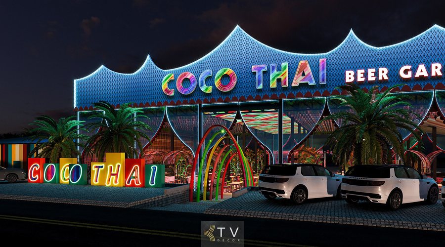 Không gian check-in nhà hàng Garden phong cách Thái với ánh sáng trang trí lễ hội, màu sắc nổi bật, thu hút giới trẻ chụp ảnh chia sẻ