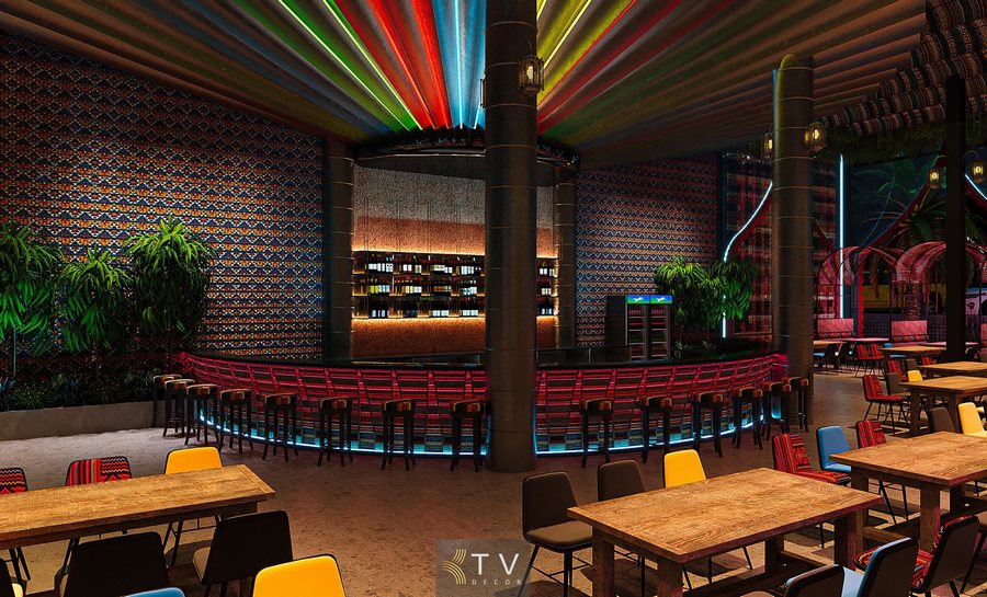 Thiết kế quầy bar trong nhà hàng Garden phong cách Thái Lan, bố trí trung tâm, thuận tiện phục vụ và tạo điểm nhấn không gian