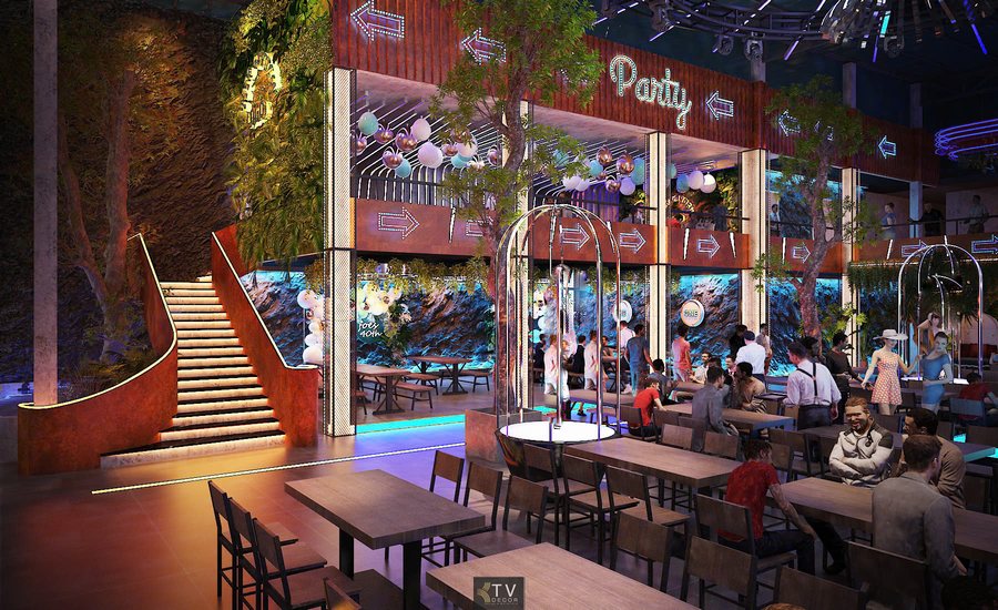Thiết kế Beer Garden 2 tầng theo mô hình không gian mở, kết nối trực tiếp khu ngồi tầng trệt và ban công tầng trên. Sân khấu DJ trung tâm tạo điểm nhìn xuyên suốt, mang lại trải nghiệm giải trí sôi động, hiện đại. 