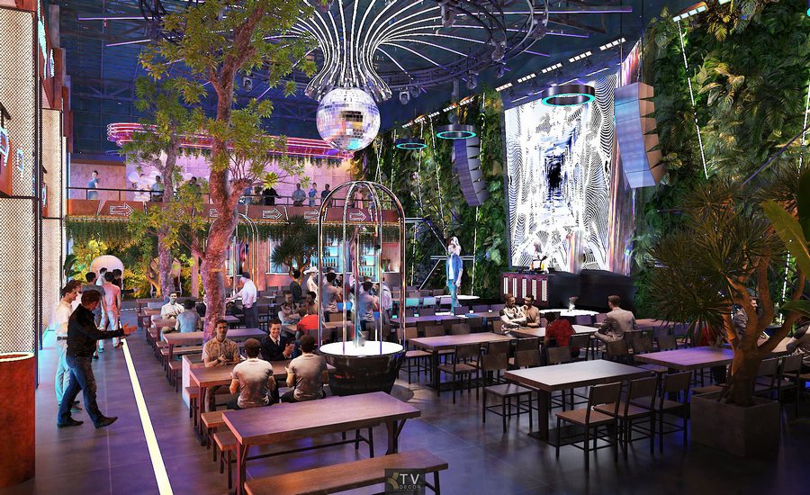 Beer Garden 2 tầng cho phép quan sát toàn cảnh sân khấu từ nhiều góc nhìn, gia tăng trải nghiệm và kết nối giữa các khu vực ngồi. 