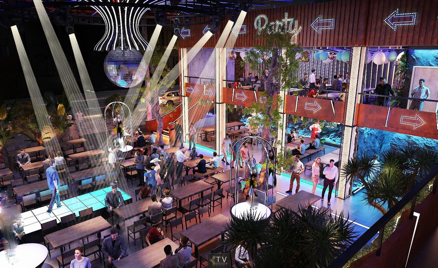 Dự án Beer Garden được thiết kế theo mô hình không gian mở 2 tầng, tạo sự kết nối trực tiếp giữa khu ngồi tầng trệt và ban công tầng trên. Sân khấu DJ bố trí trung tâm giúp âm nhạc và ánh sáng lan tỏa đều toàn bộ không gian. Trần cao kết hợp hệ đèn trang trí và mảng xanh lớn mang lại cảm giác thoáng đãng, sôi động nhưng không bí bách. Thiết kế phù hợp cho mô hình giải trí, ăn uống và tổ chức sự kiện quy mô lớn. 