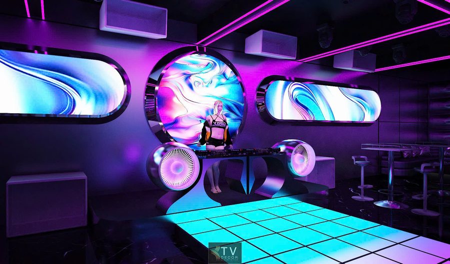 Thiết kế Lounge Bar phong cách futuristic nổi bật với ánh sáng tím xanh, hiệu ứng laser và hệ đèn moving head, mang đến không khí nightlife đẳng cấp và giàu cảm xúc. 